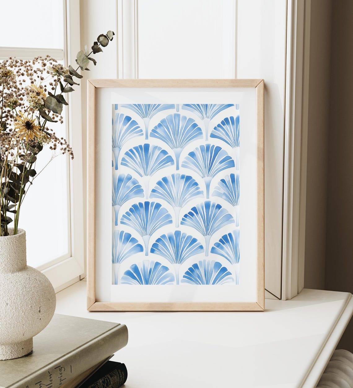 Blue Watercolor Scallop Shell Fans Coastal Pattern Wall Poster - Image 3