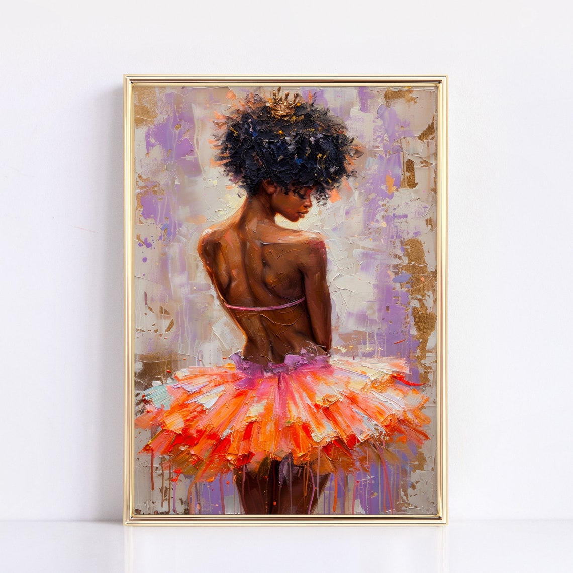 Black Ballerina in Orange Tutu Back View Textured Ballet Dance Poster