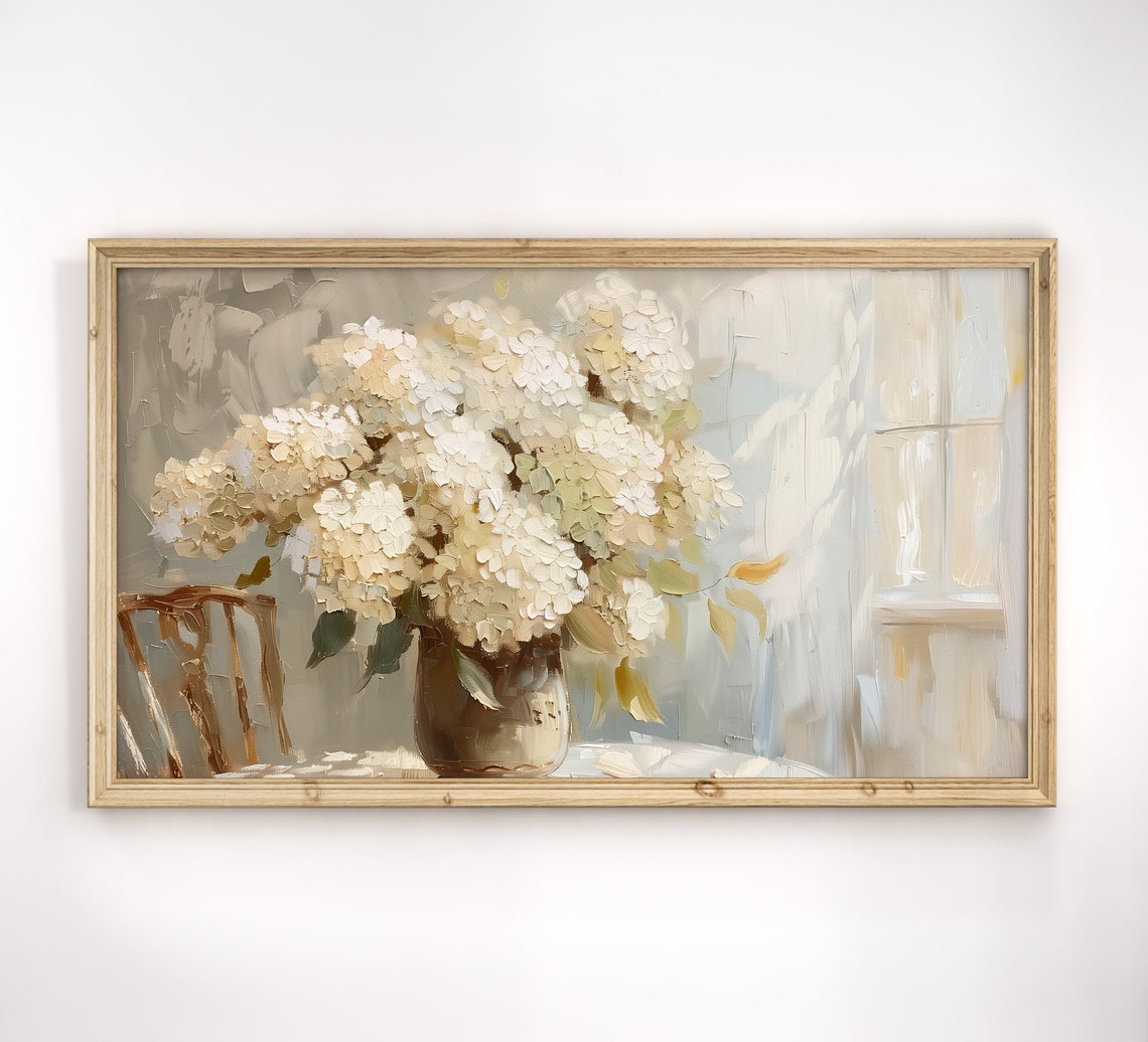 White Hydrangea Bouquet By Vintage Window Sunlit Still Life Poster