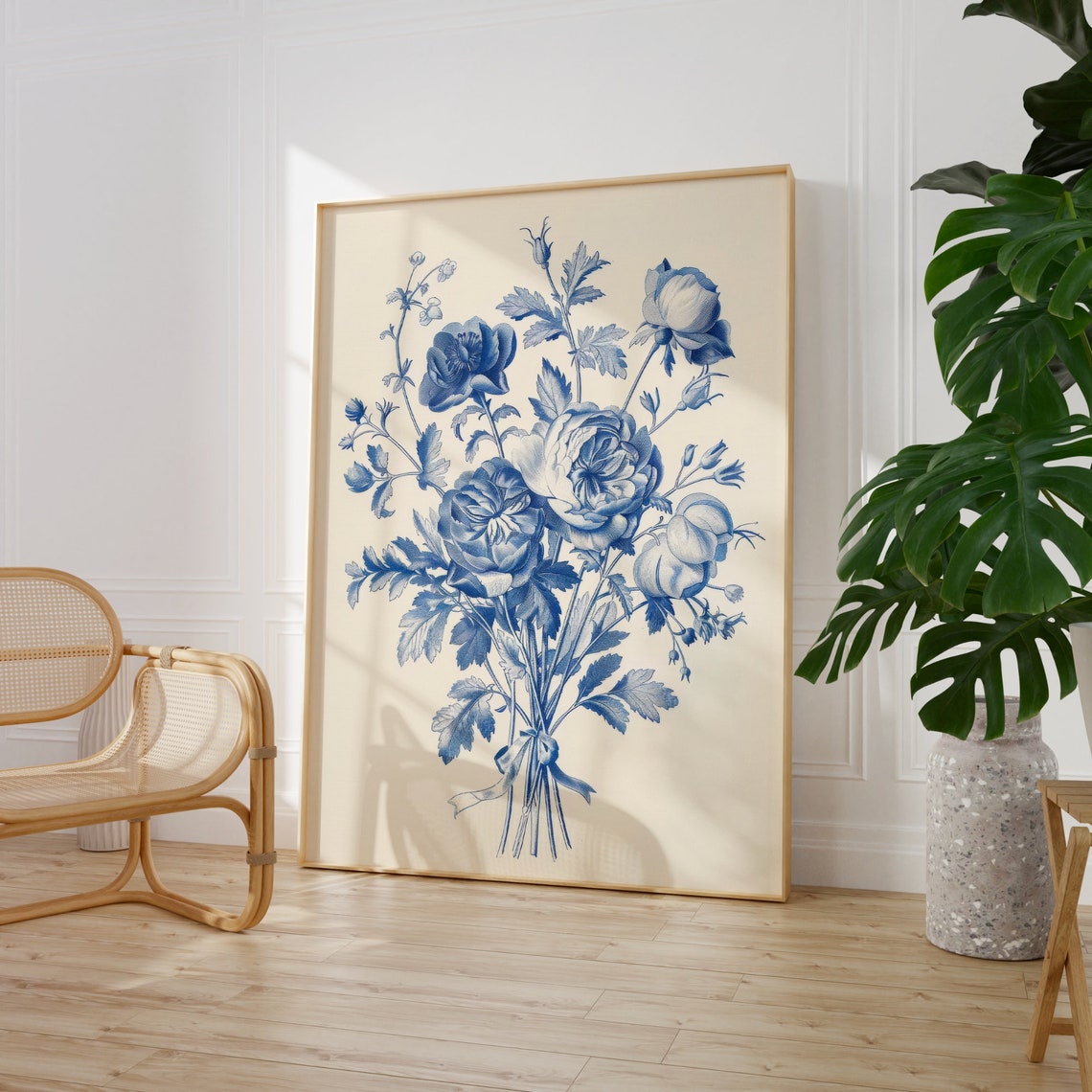 Blue Ink Botanical Peony Bouquet Vintage Engraving Floral Poster - Image 2