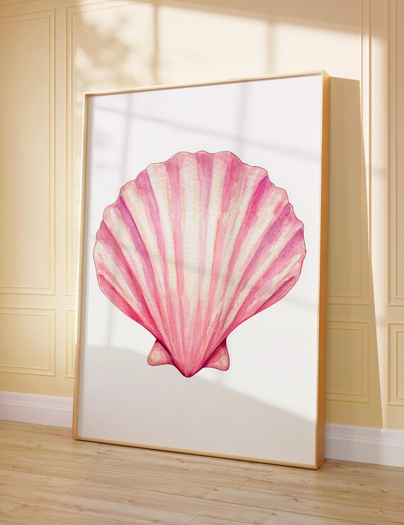 Vintage Coastal Pink Seashell Poster Trendy Beach House Art Retro Surf Print Preppy Dorm Decor Girly Maximalist Bar Cart Decor