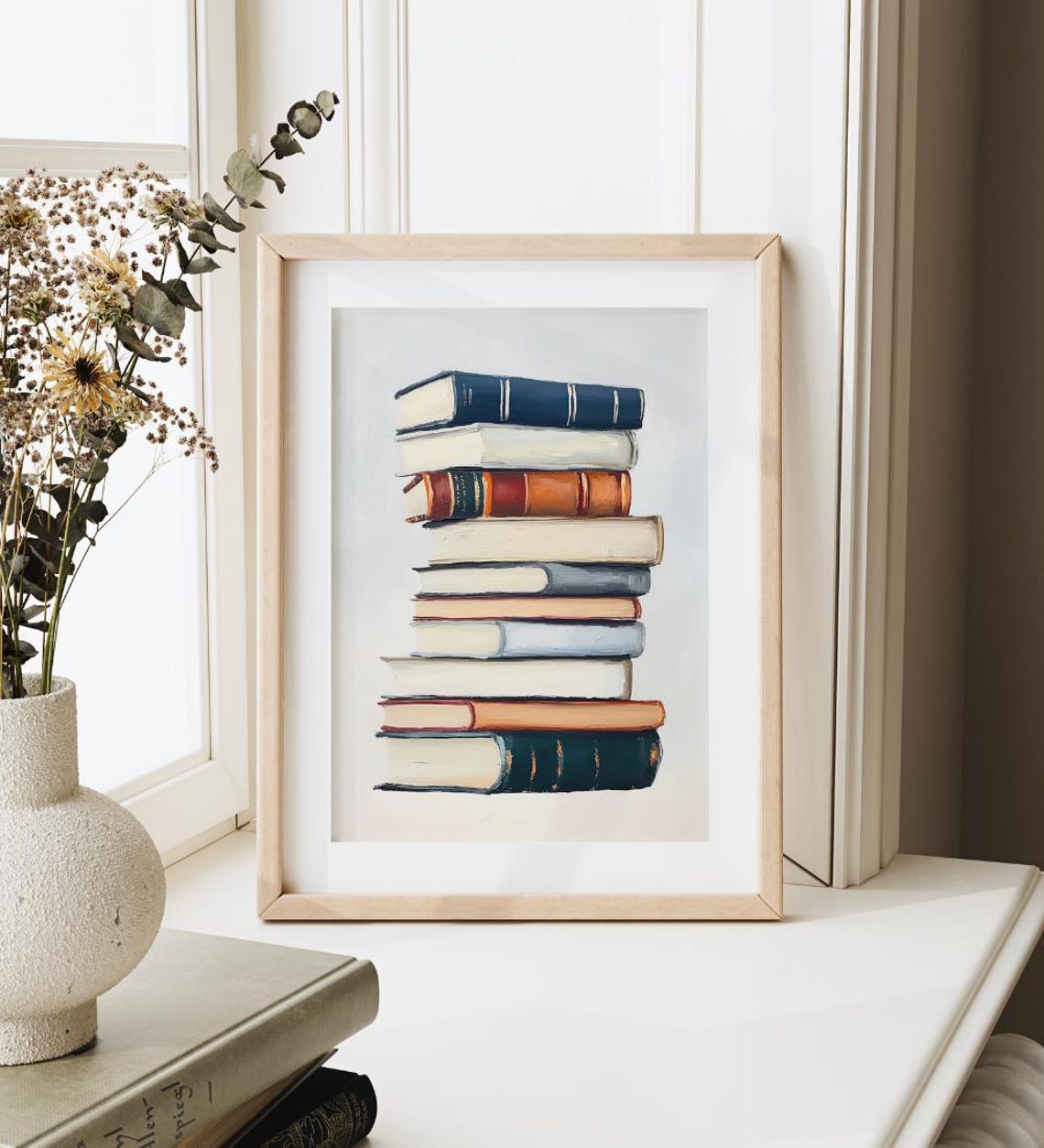 Stack of Vintage Books Oil Painting Book Lover Library Art Print - Image 3