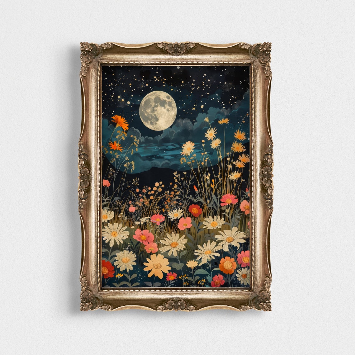 Full Moon Wildflower Meadow Starry Night Dark Celestial Art Poster