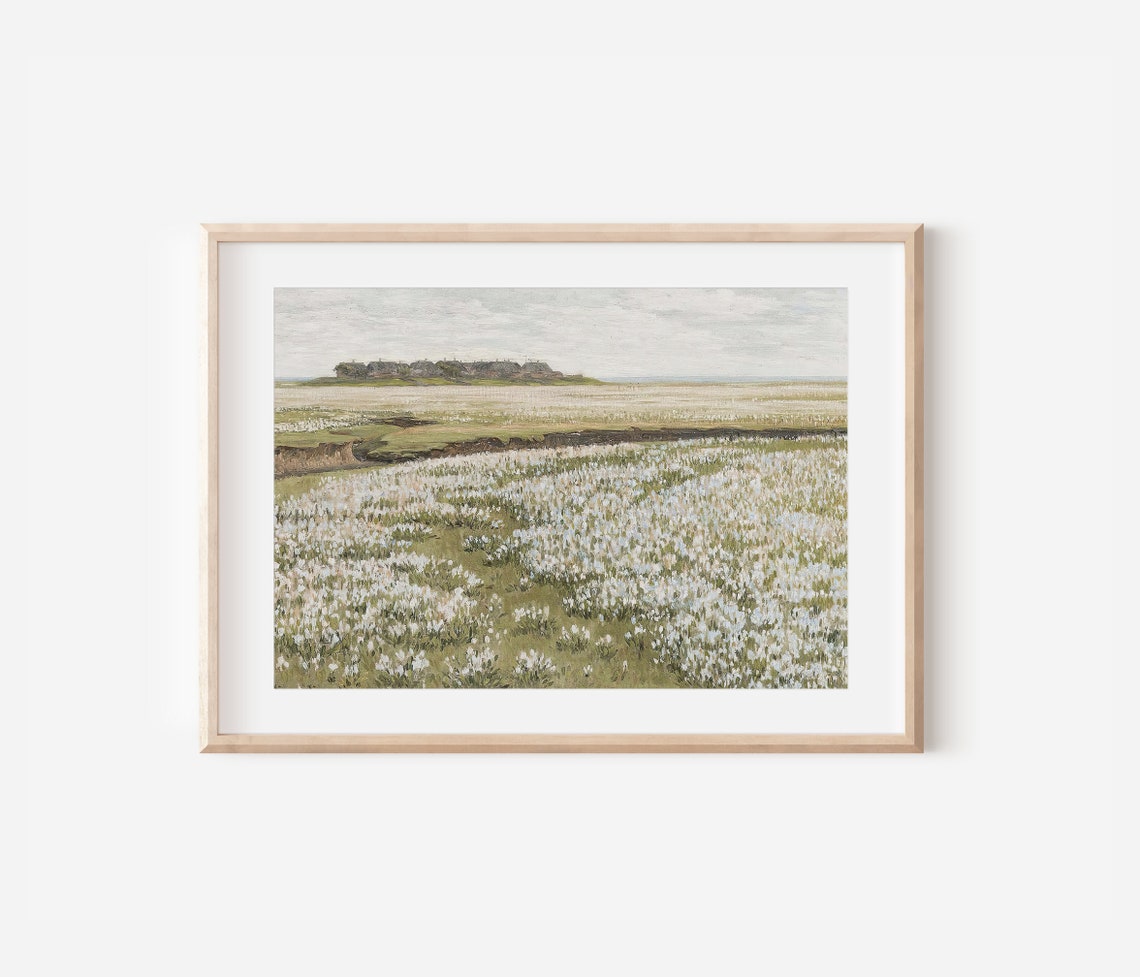 Spring Meadow Painting White Wildflowers Field Distant Cottages Poster - Image 3