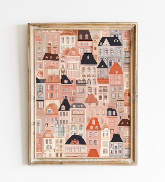 Vintage Houses Art Print Funky Home Illustration Wall Decor Vibrant Artwork For Home Apartment Buildings Poster