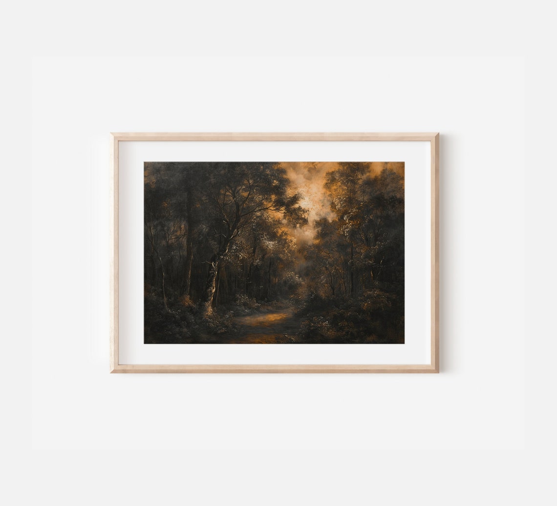 Dark Forest Path Lit by Golden Light Moody Woods Painting Print - Image 3
