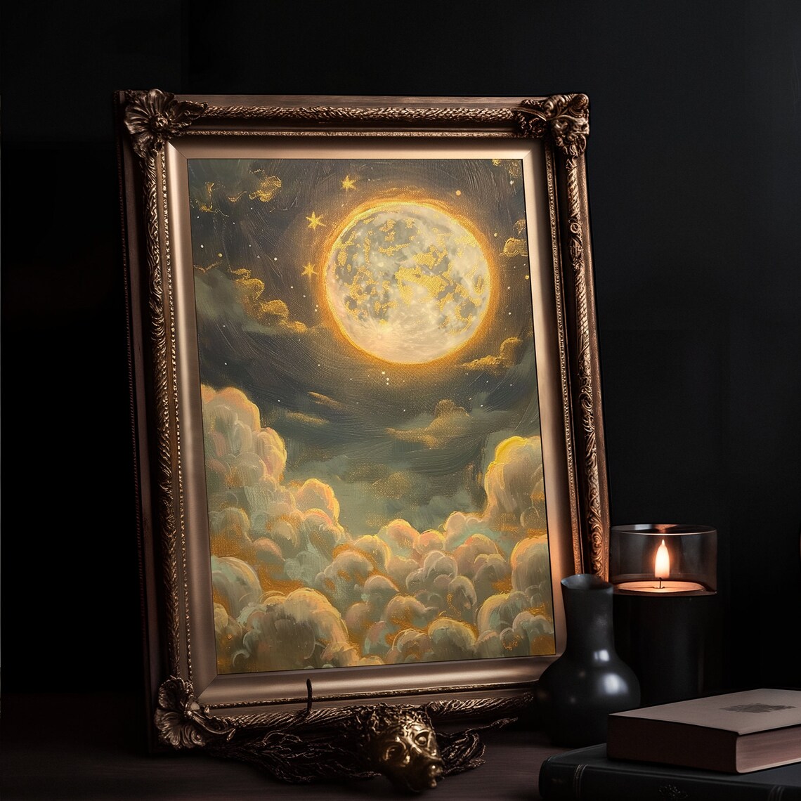 Golden Full Moon Over Clouds Vintage Celestial Art Painting Poster - Image 3