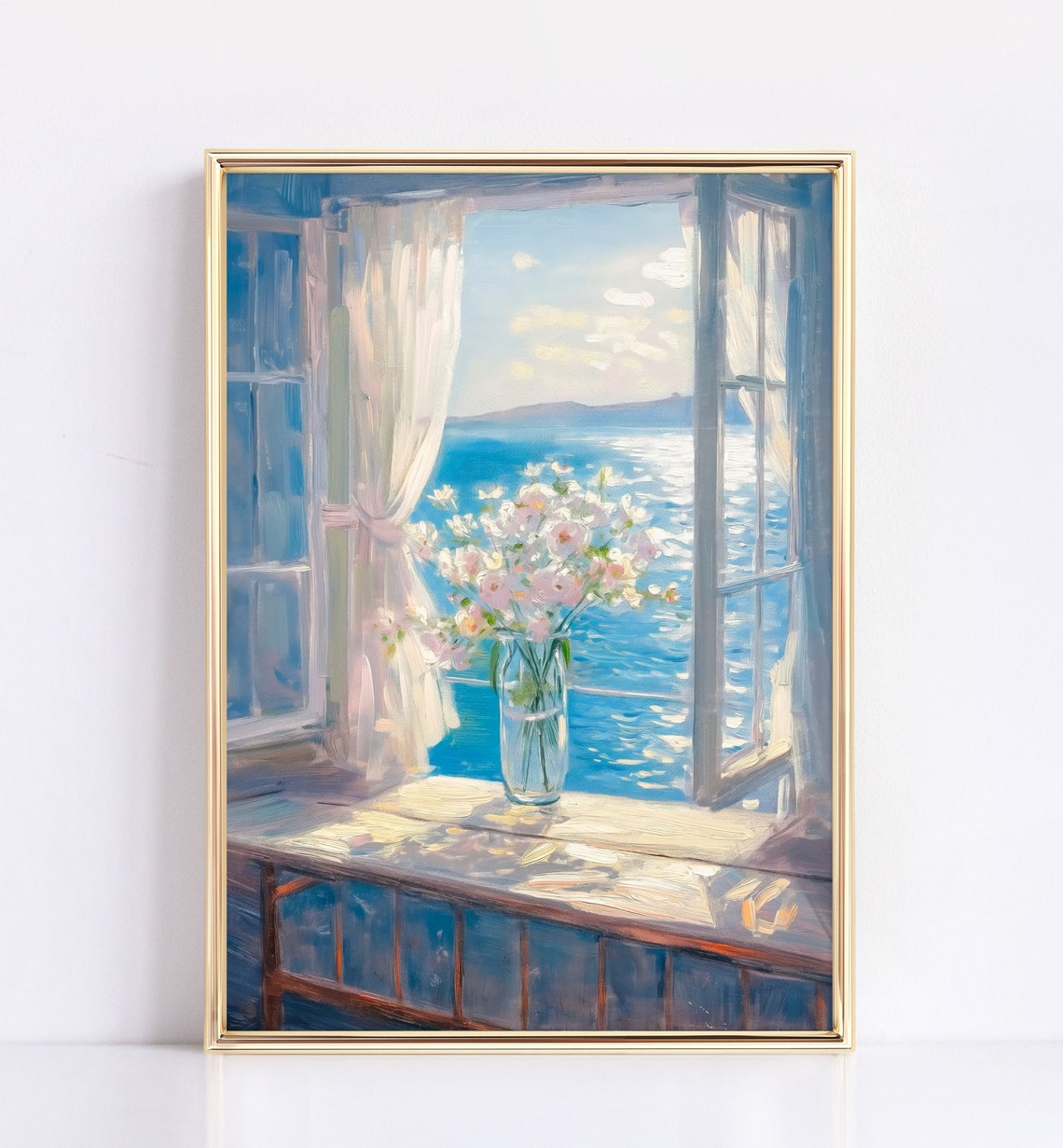 Pastel Wildflowers On Sunny Windowsill Overlooking Ocean View Poster