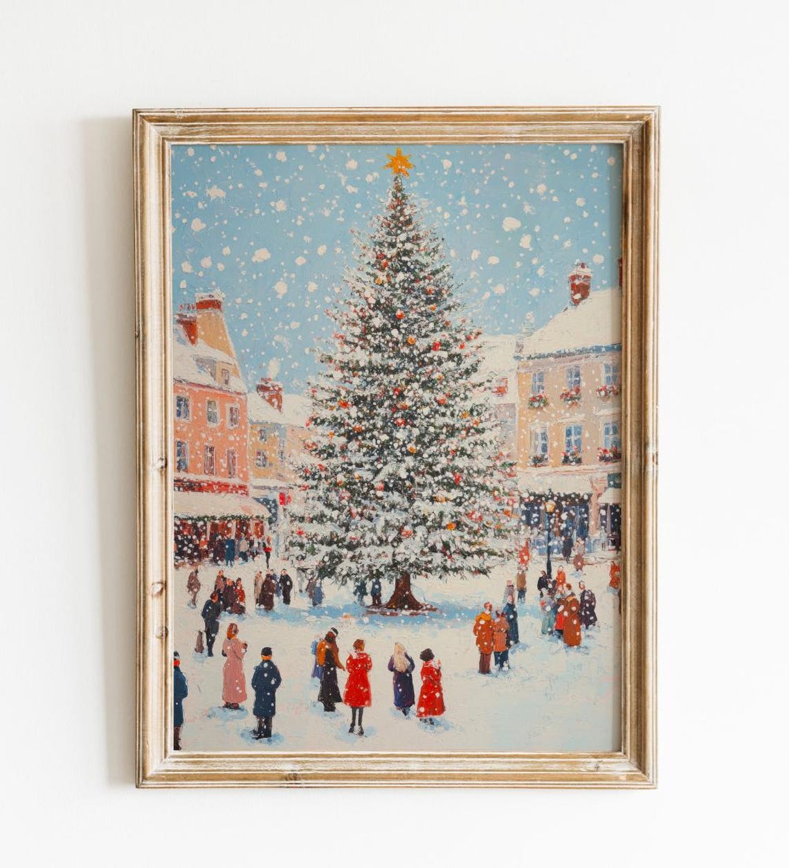 Snowy Town Square With Grand Christmas Tree Gathering Poster