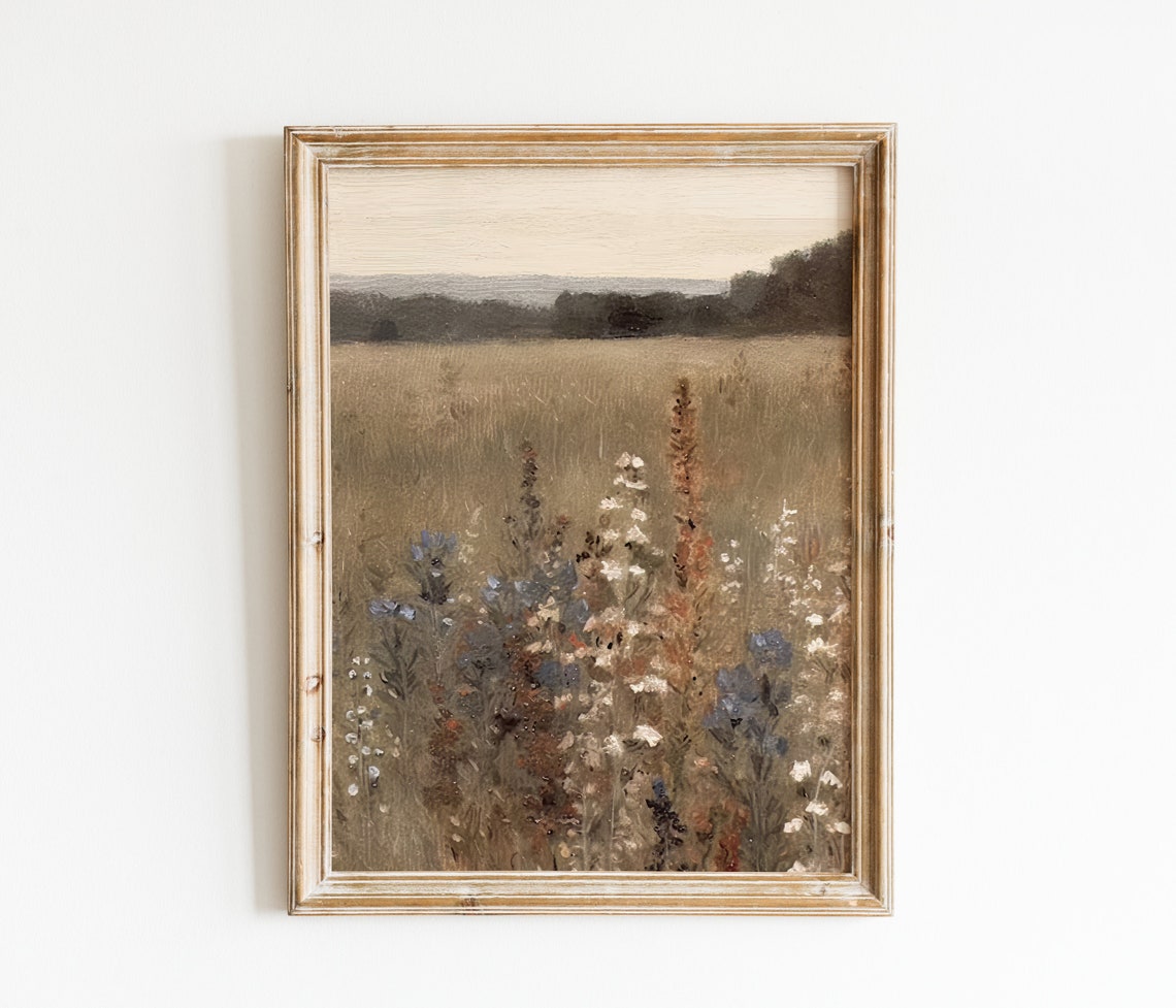 Wildflower Field Landscape Oil Painting Flowers Landscape Print Country Field Wall Art Vintage Landscape Art Print