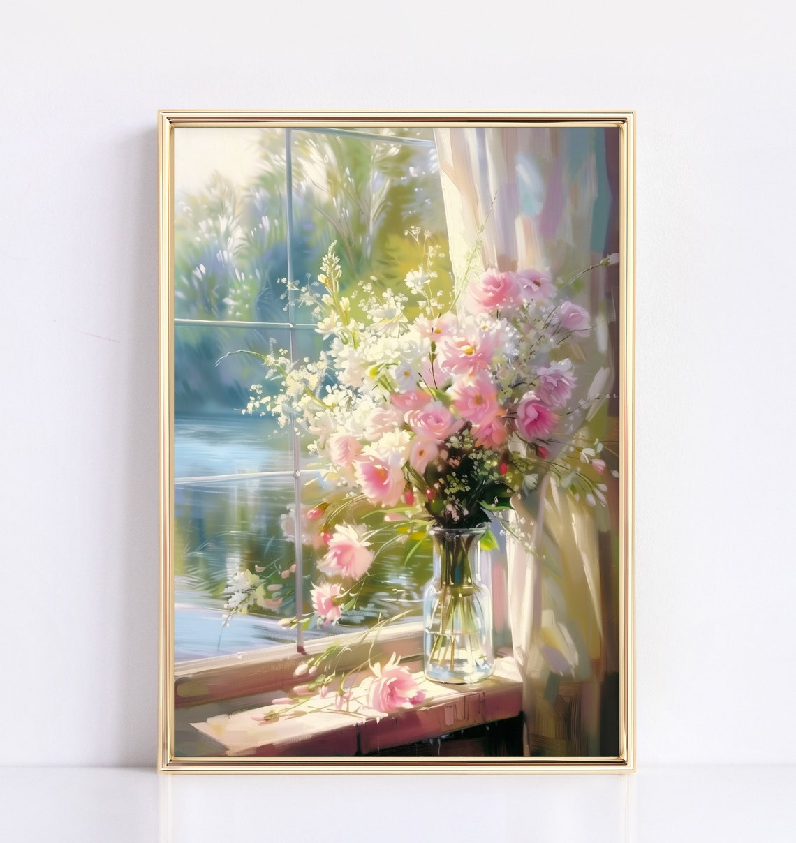 Pink Roses Wildflowers Glass Vase Sunny Windowsill Water View Poster