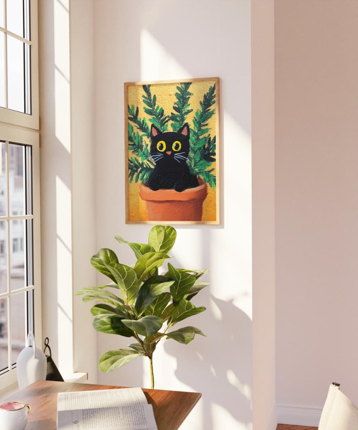 Black Kitten in Terracotta Flower Pot Naive Folk Art Cute Cat Painting Poster - Image 3