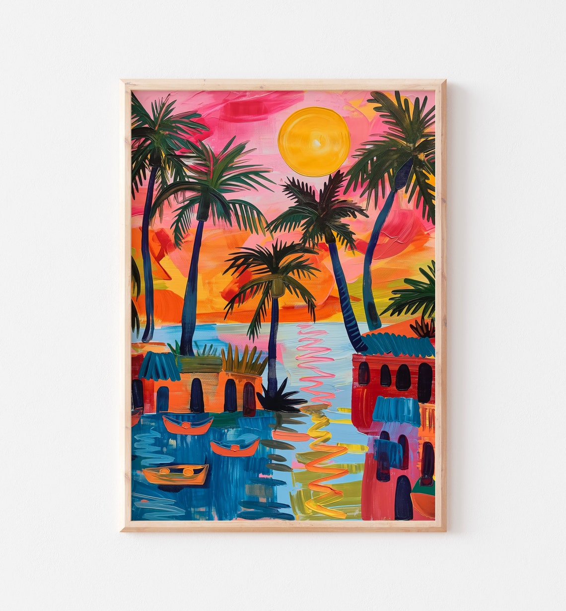 Vibrant Tropical Beach Sunset Palm Trees Boats Colorful Art Poster - Image 2