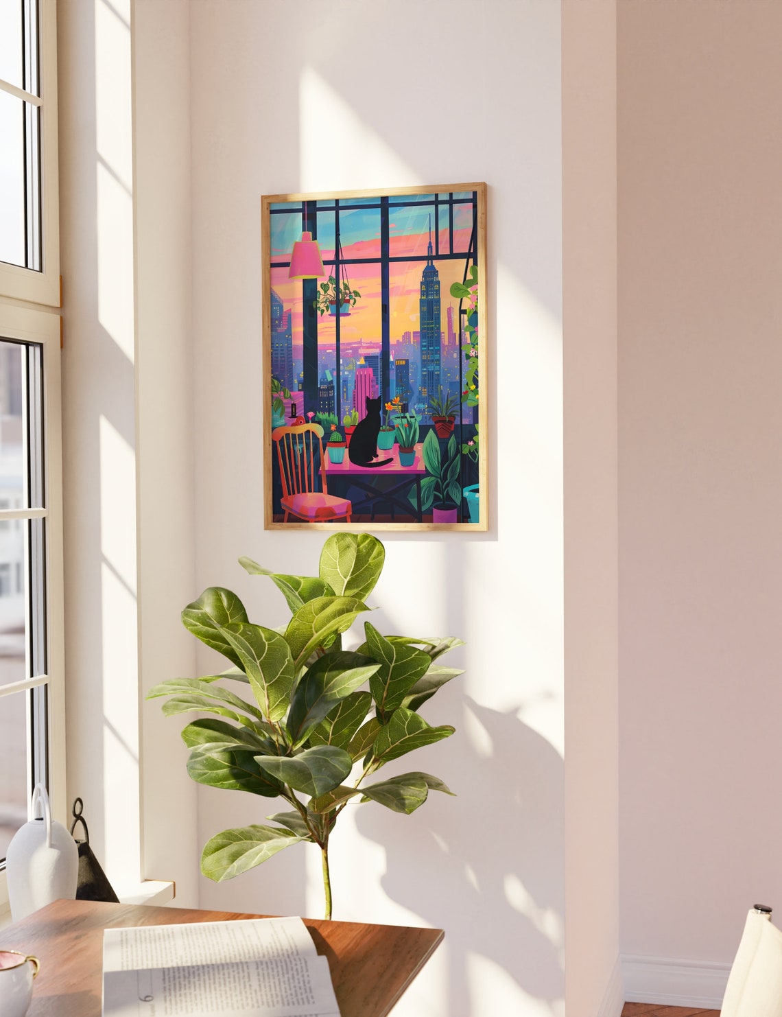 Black Cat Watching New York City Sunset Skyline Window Scene Poster - Image 2