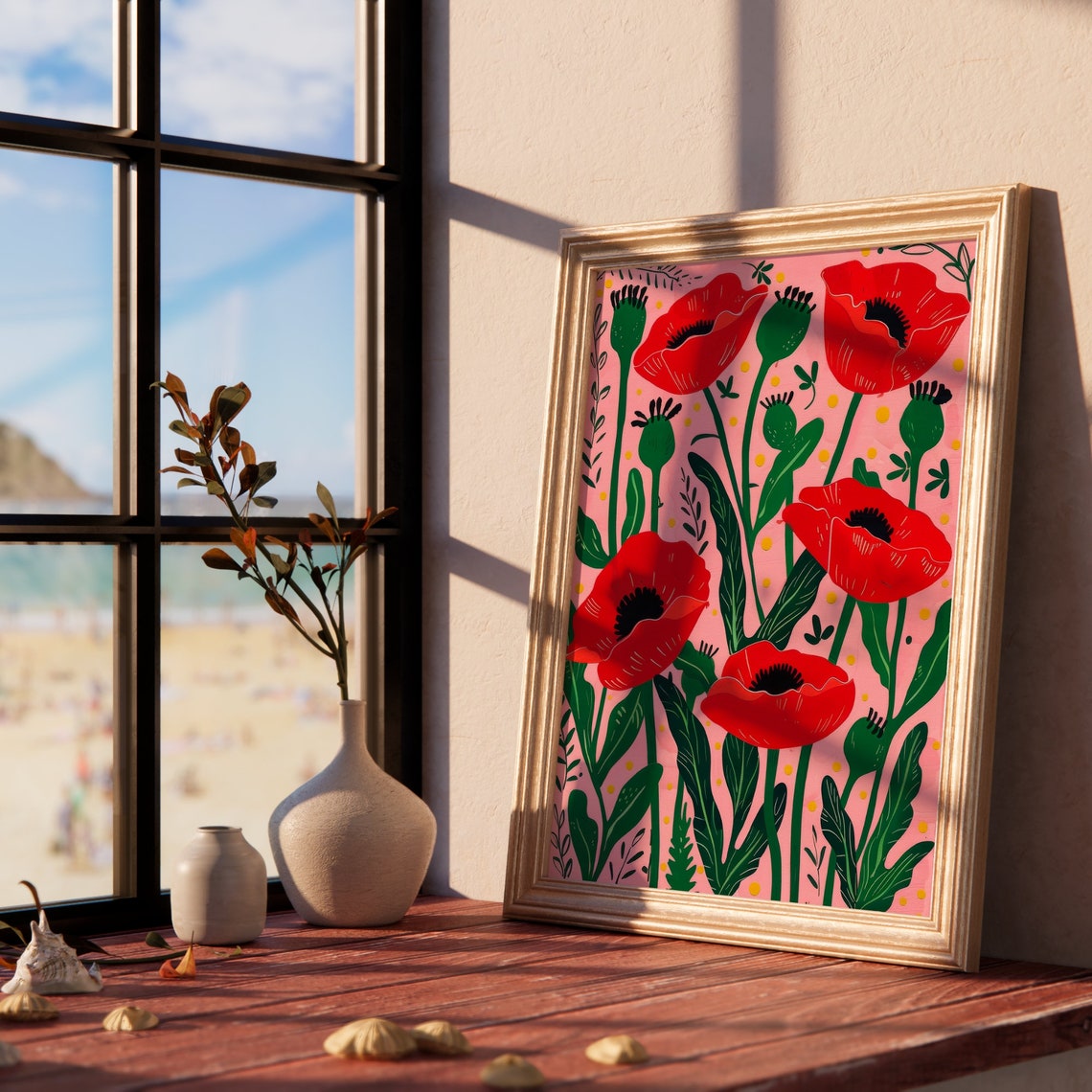 Wild Red Poppy Flowers Folk Art Pink Background Botanical Poster - Image 3