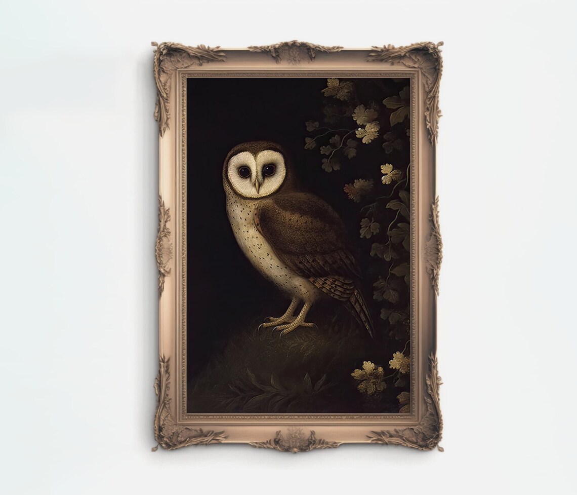 Barn Owl Perched In Dark Woods Vintage Moody Wildlife Painting Poster - Image 2