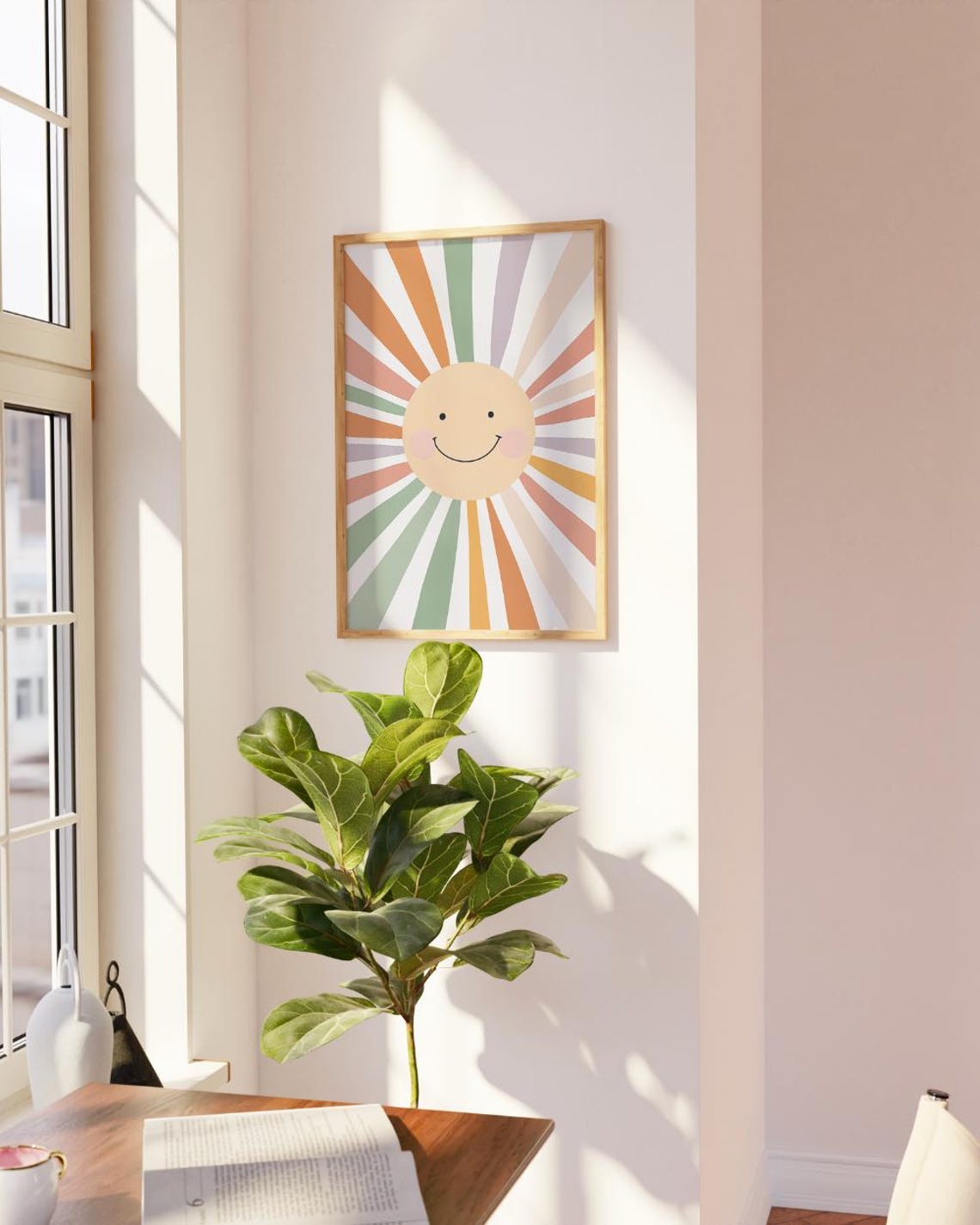 Smiling Sun Rainbow Rays Nursery Kids Room Boho Sunshine Poster - Image 2
