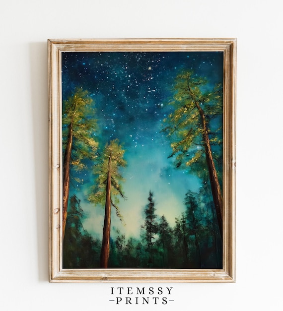 Moody Woods Art Print Starry Night Forest Artwork With Pine Trees Nature Atmospheric Wall Art Painting Dreamy Woodland Under The Stars