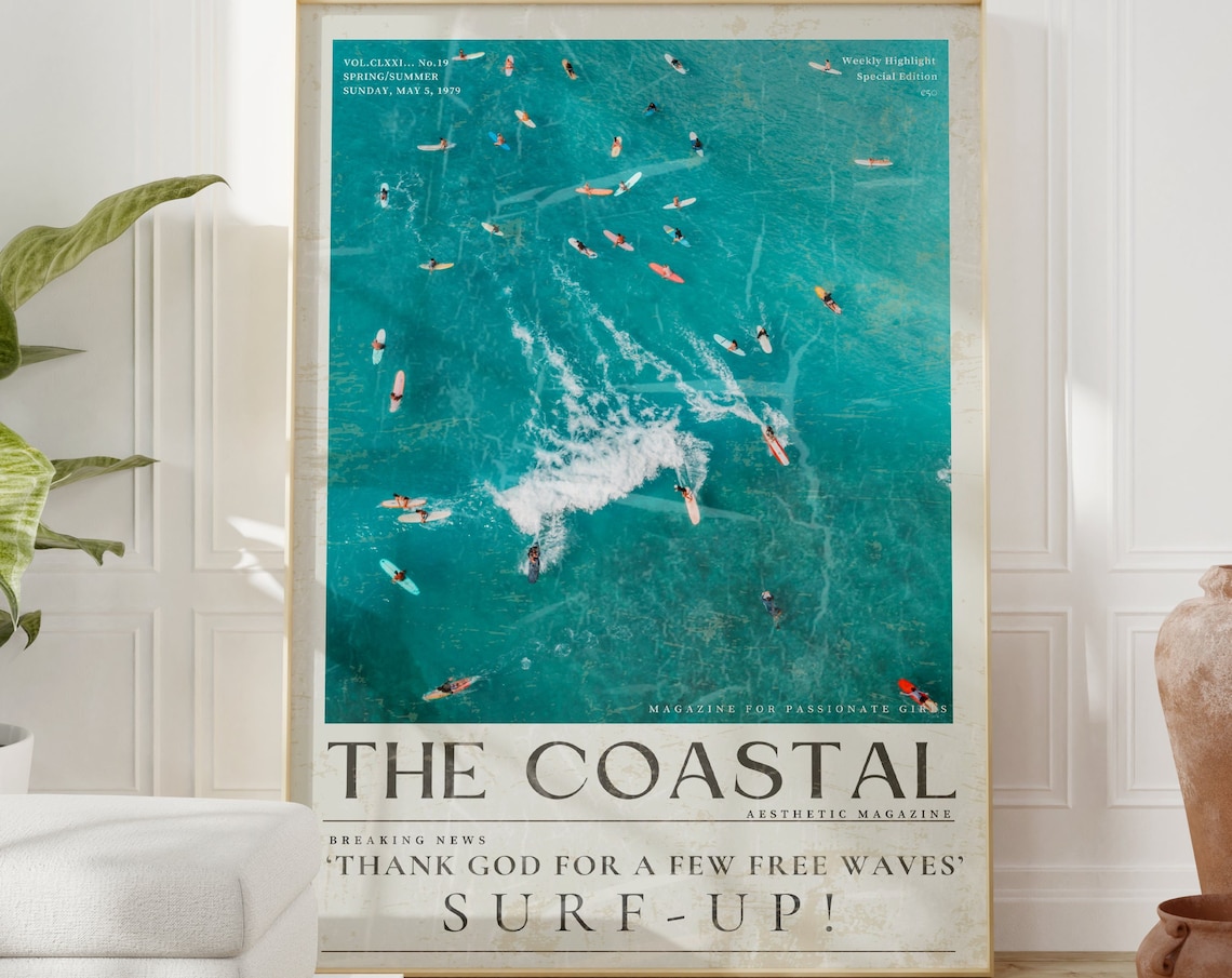 Blue Coastal Surf Up Vintage Surfer Poster
