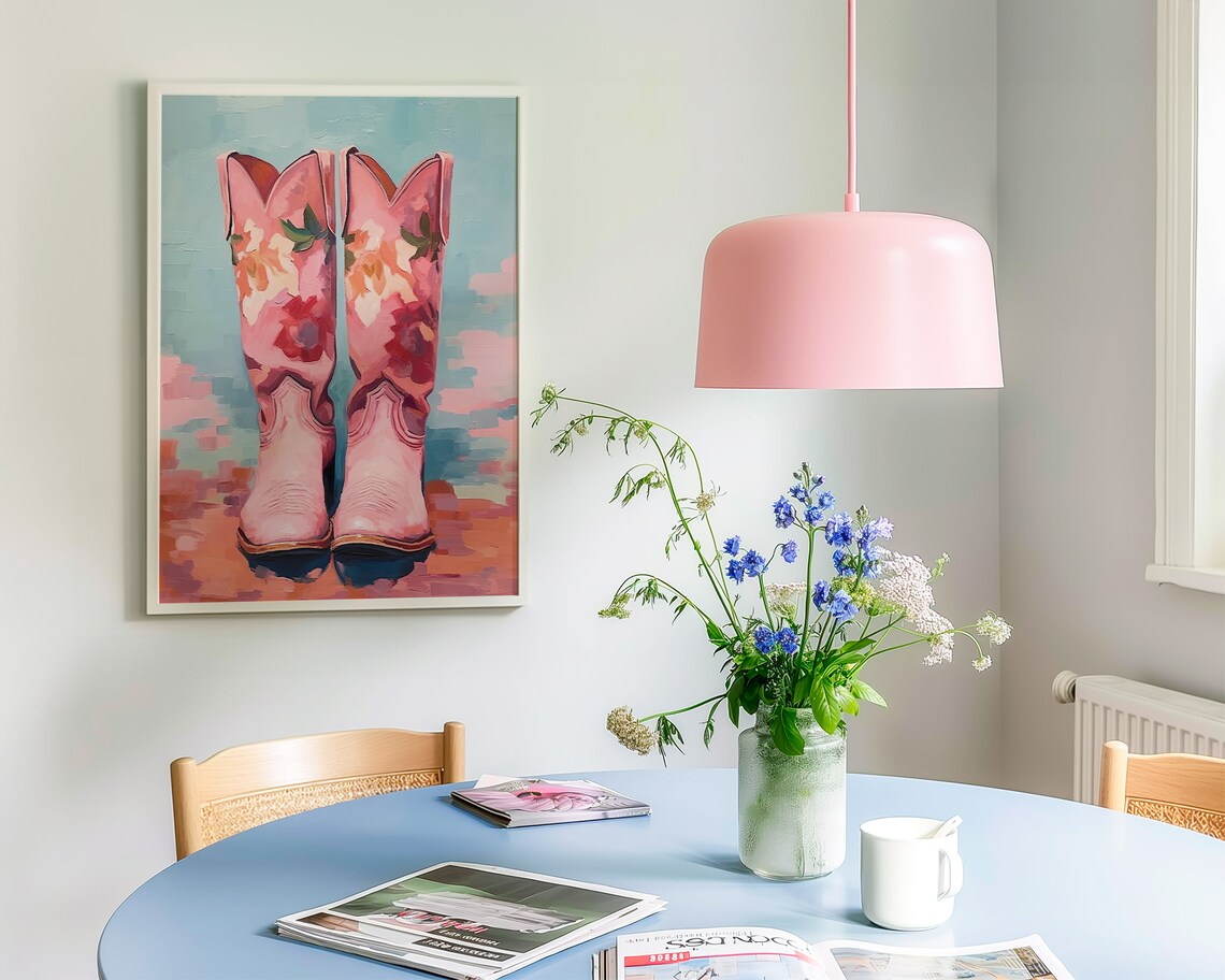 Pink Floral Cowboy Boots Coastal Western Painting Decor Poster - Image 3