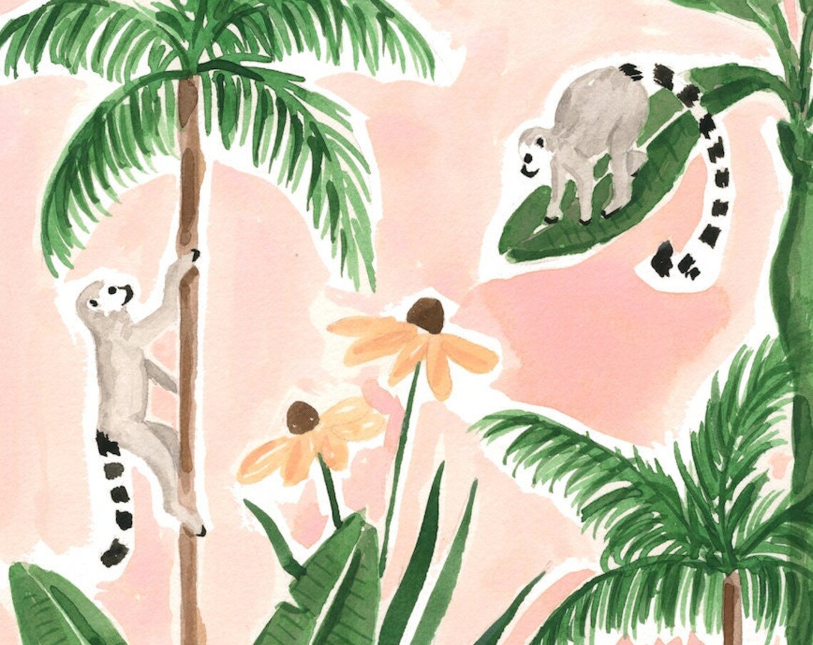 Leaping Lemurs Art Print, Jungle Animal Illustration