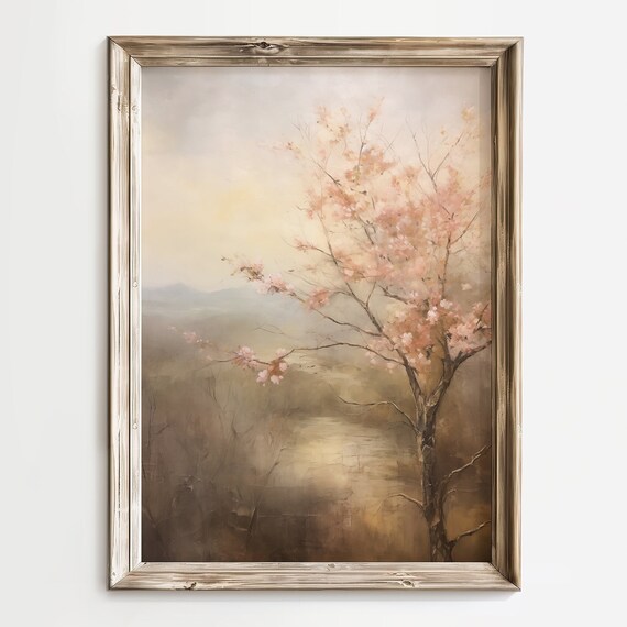 Soft Pink Blossom Tree Over Misty Valley Spring Landscape Poster