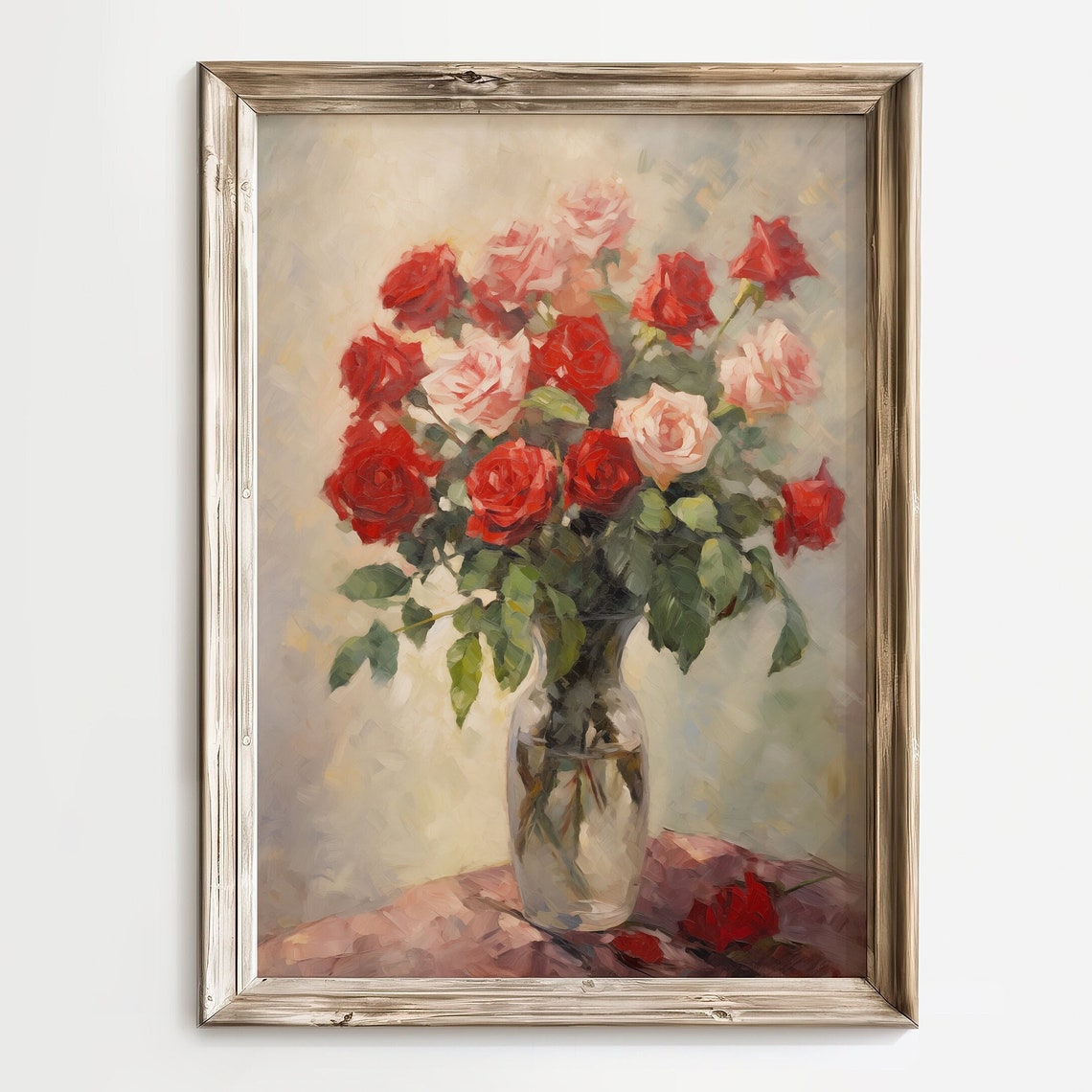 Red and Blush Roses in Glass Vase Romantic Still Life Wall Art