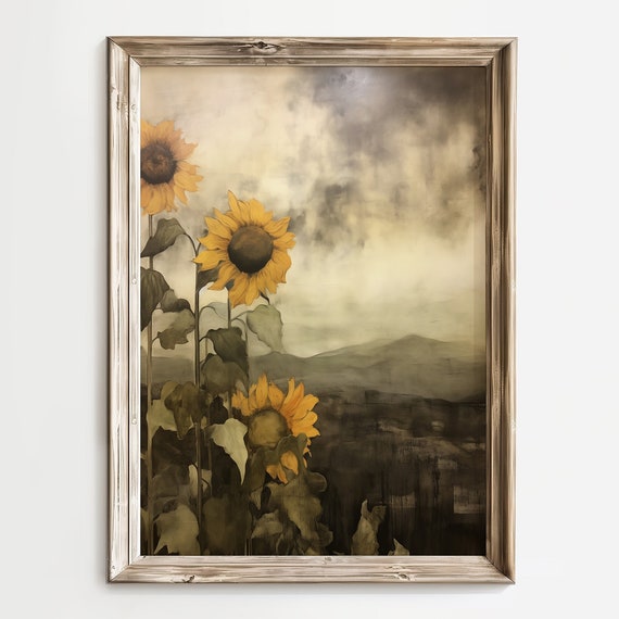 Moody Wildflower Field Wall Art Cloudy Day Decor Dark Spring Flower Print Vintage Landscape Painting