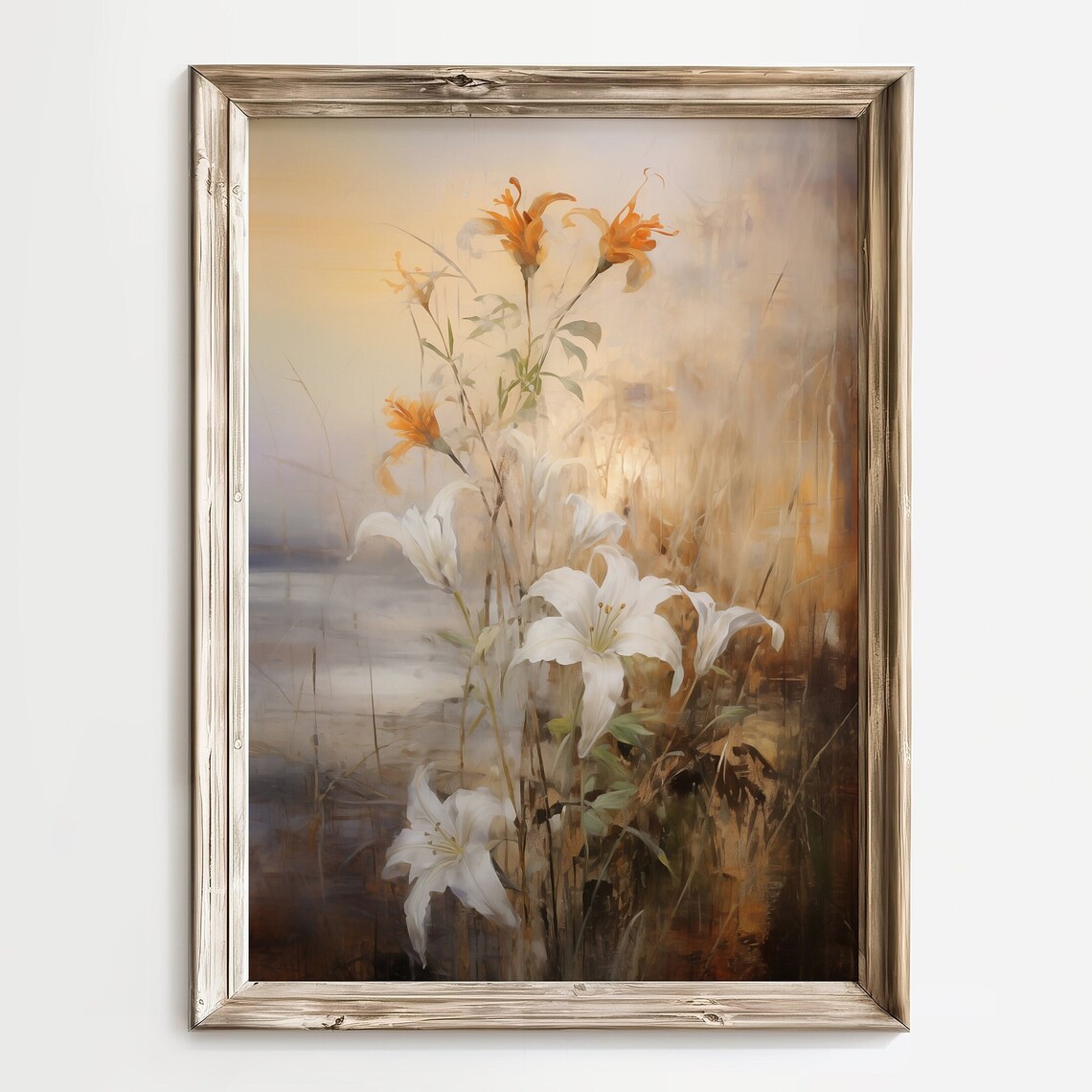 White Lilies Orange Daylilies Misty Meadow Impressionist Wall Art