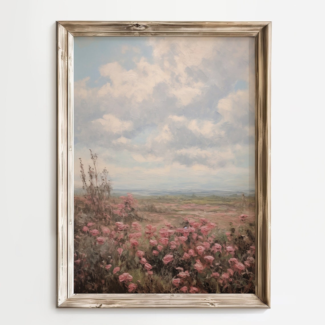 Pink Rose Field Cloudy Sky Country Landscape Oil Painting Wall Art