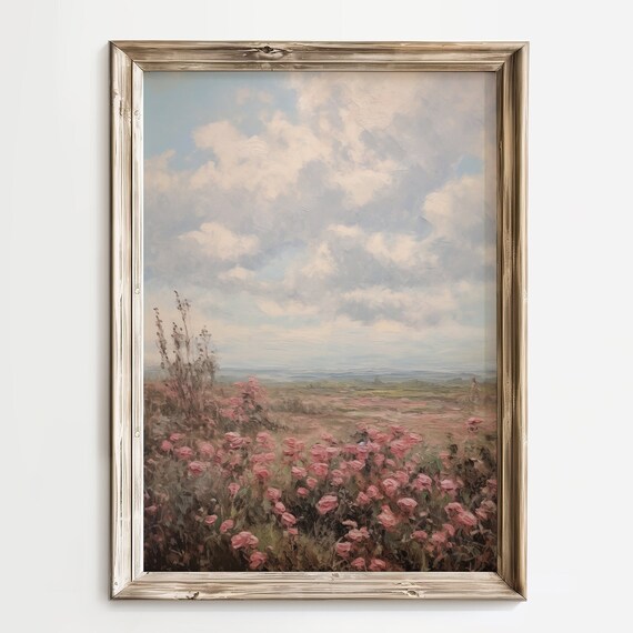 Pink Rose Field Cloudy Sky Country Landscape Oil Painting Wall Art