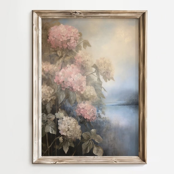 Moody Pink Flower Field Print Vintage Country Landscape Painting Dark Spring Floral Wall Art Rustic Farmhouse Decor Wildflower Print