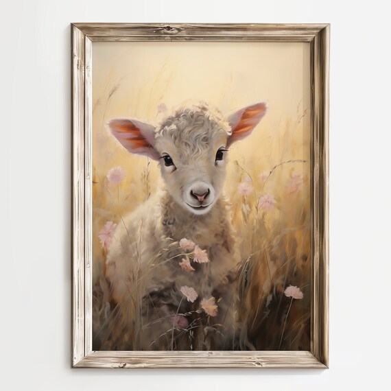 Sweet Baby Lamb in Golden Meadow Soft Watercolor Animal Poster
