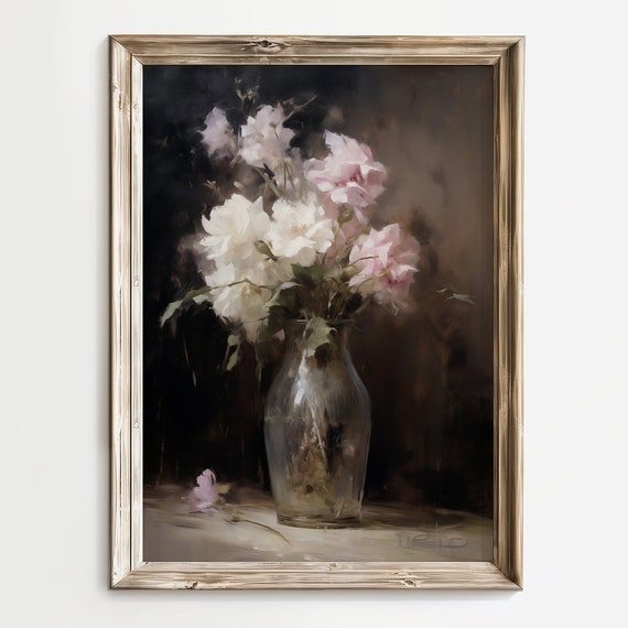 Moody Vintage White Flower Print Dark Floral Oil Painting Antique Art Dark And Moody Art Romantic Floral