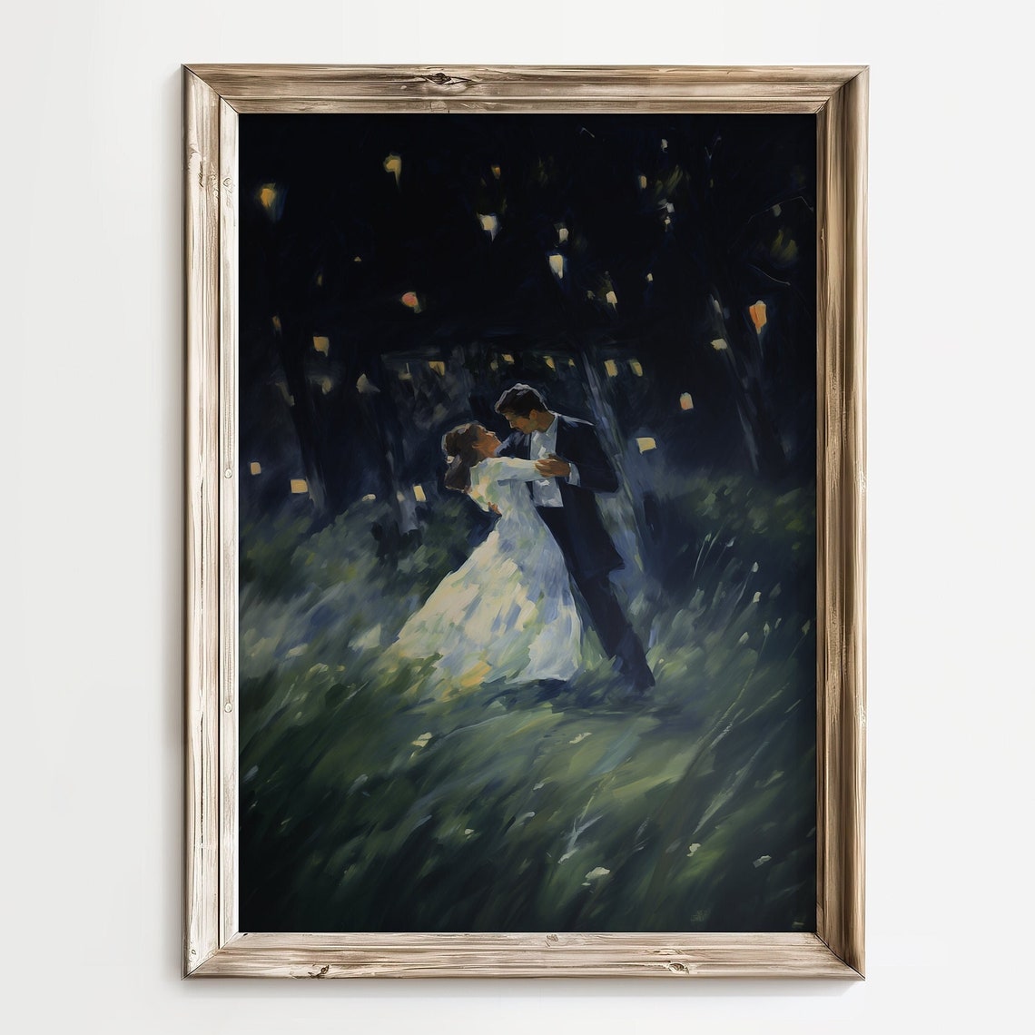 Romantic Couple Dancing Night Sky Lantern Meadow Vintage Art Poster