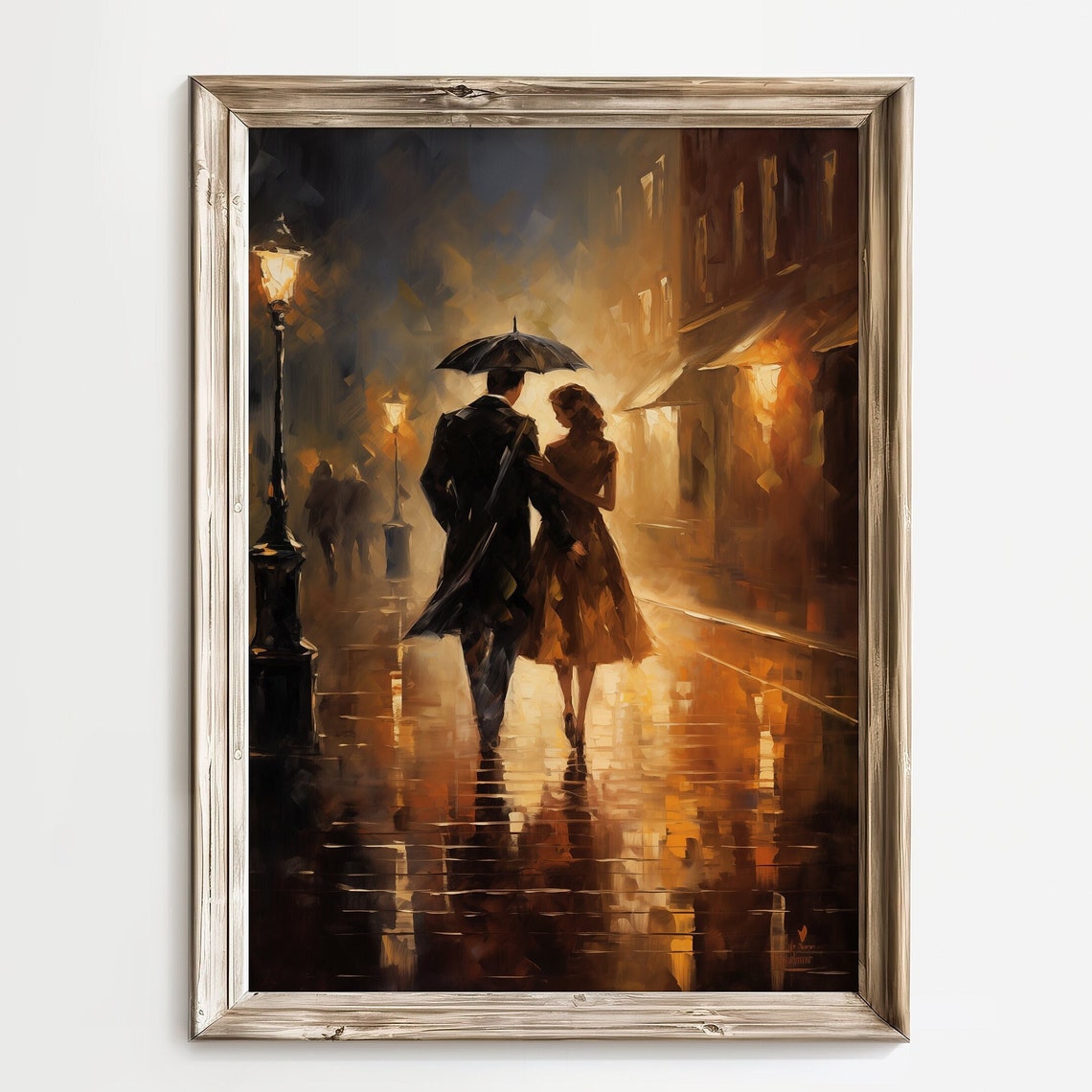 Romantic Couple Under Umbrella Rainy Night Street City Love Art Poster