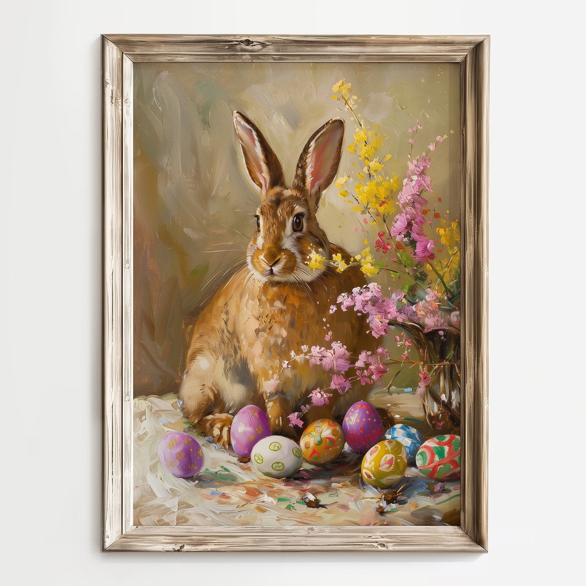 Brown Easter Bunny with Painted Eggs and Spring Blossoms Oil Print