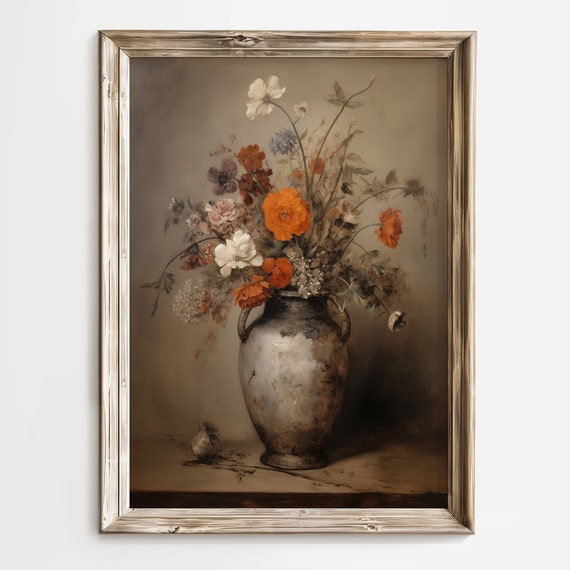 Moody Flower Painting Vintage Floral Print Wall Art Antique Art Print Farmhouse Wall Art Dark Botanical Oil Painting
