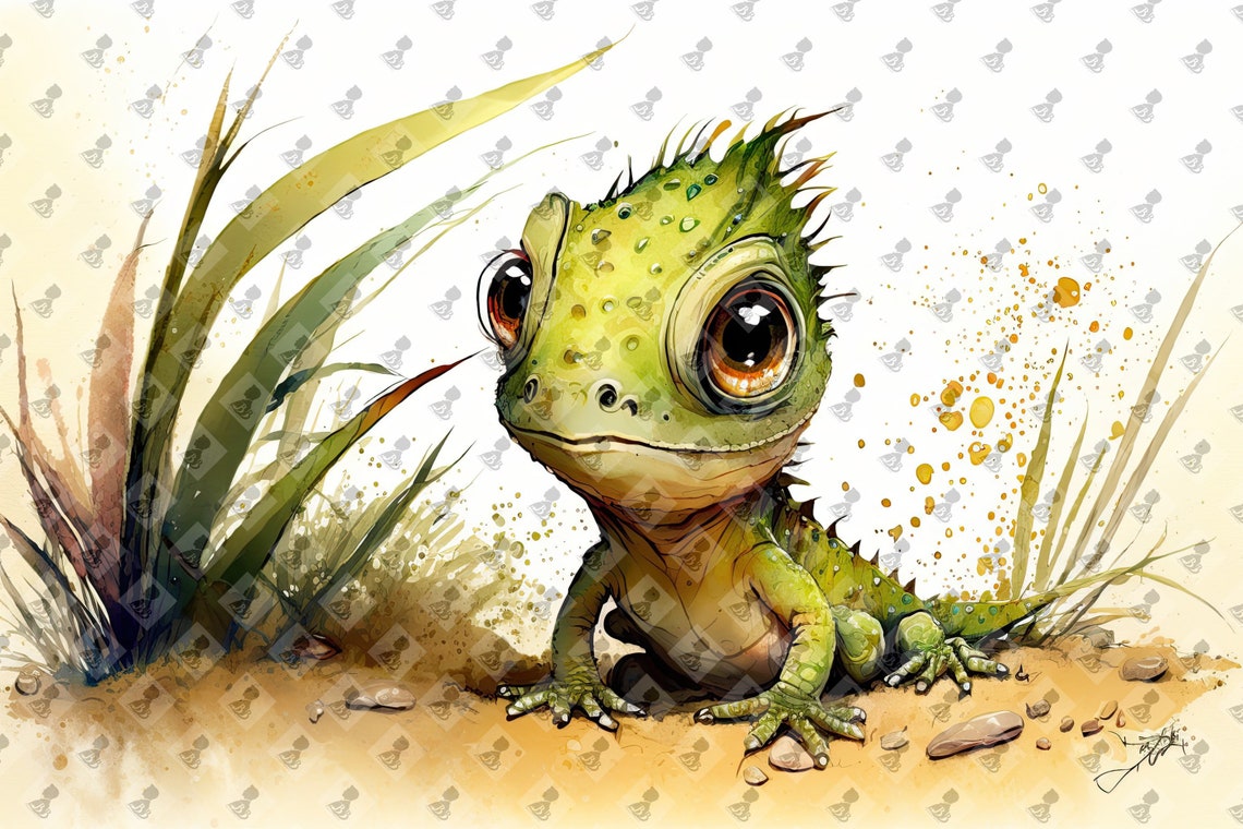 Cute Baby Lizard Spiky Green Watercolor Nursery Reptile Art Poster