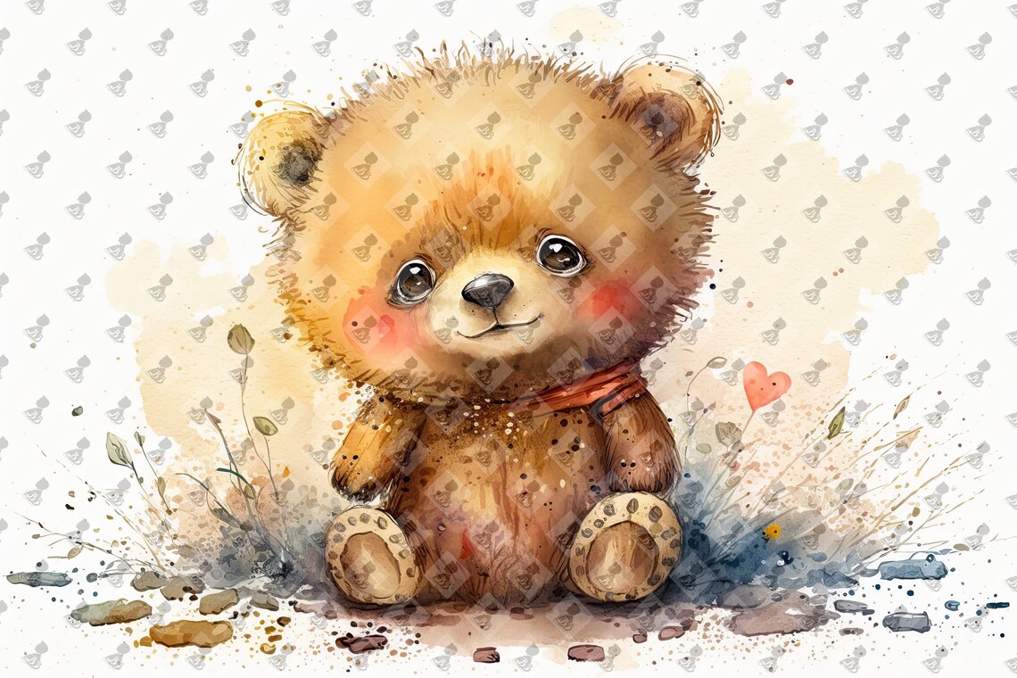 Cute Baby Bear Watercolor Red Ribbon Little Heart Nursery Wall Art