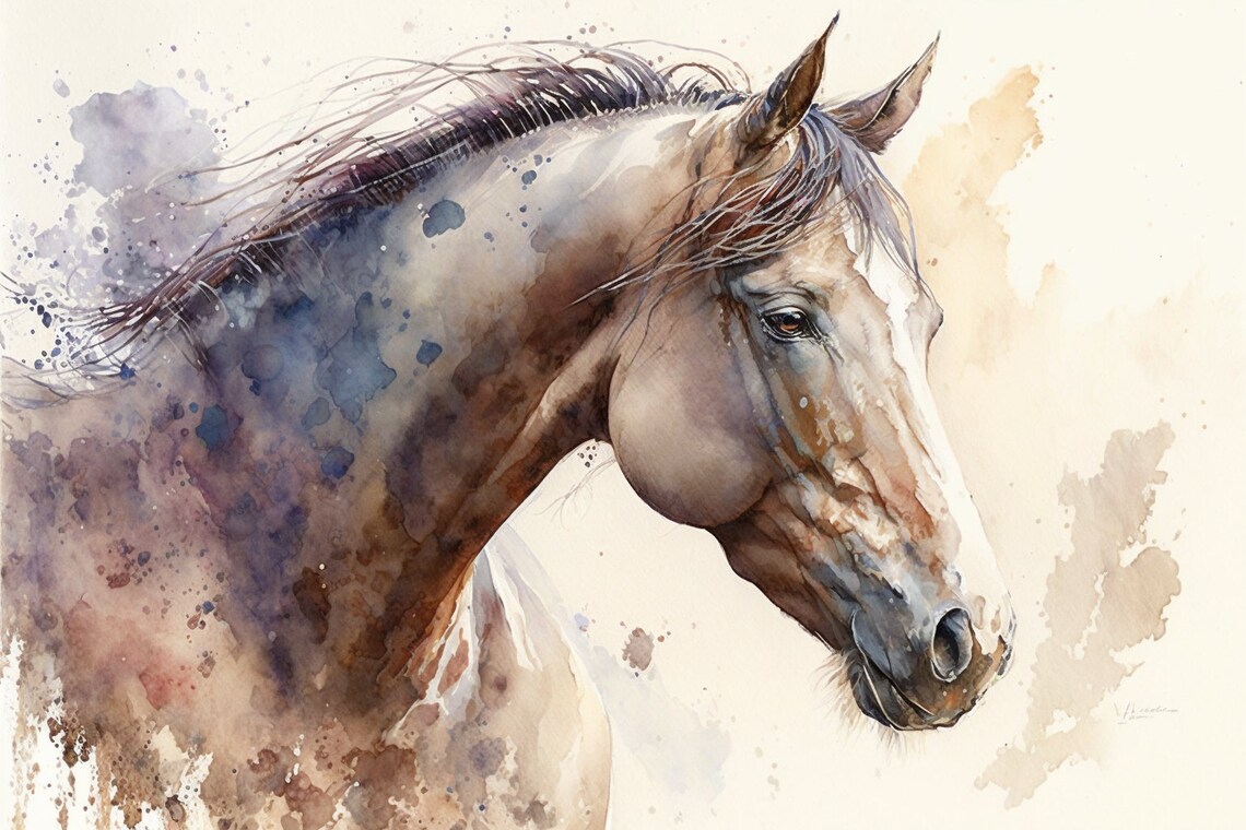 Horse Head Portrait Watercolor Blue Grey Equestrian Art Poster