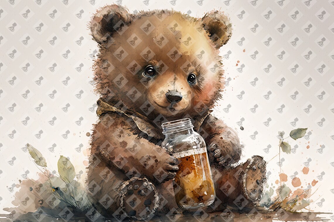 Cute Baby Bear Cub Honey Jar Watercolor Nursery Animal Art Poster