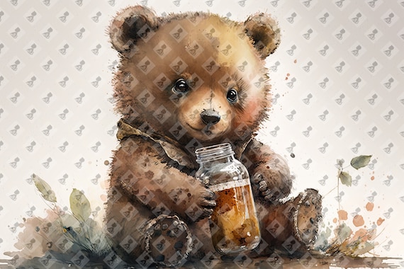 Cute Baby Bear Cub Honey Jar Watercolor Nursery Animal Art Poster