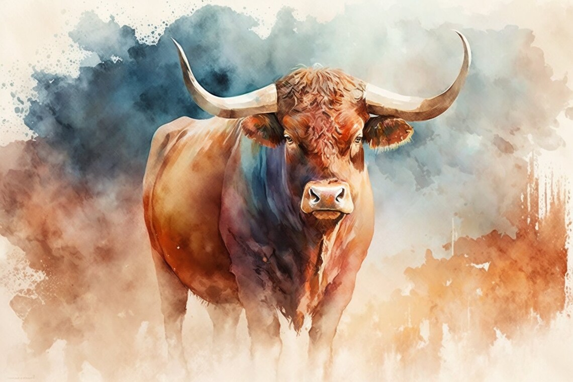 Longhorn Bull Watercolor Farm Animal Rustic Cattle Wall Art Poster