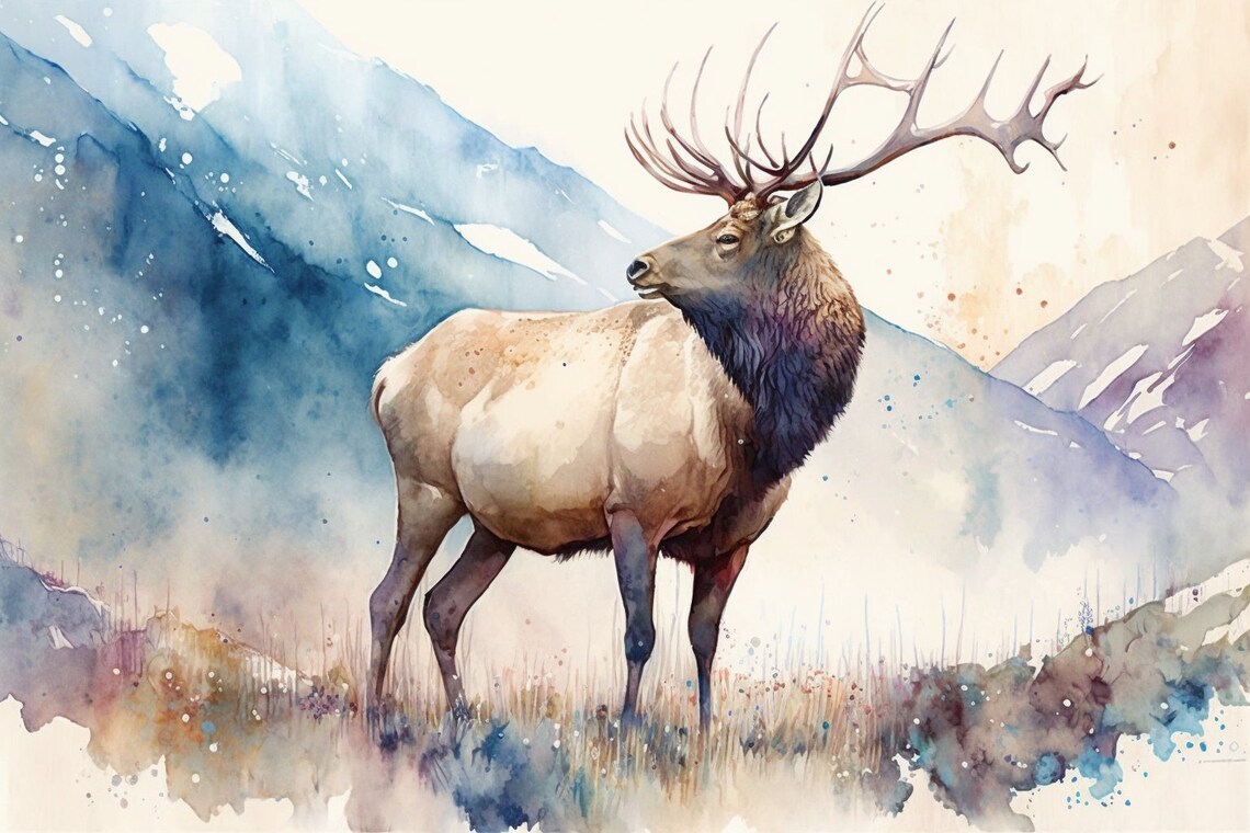 Watercolor Majestic Elk with Antlers Blue Mountain Meadow Poster