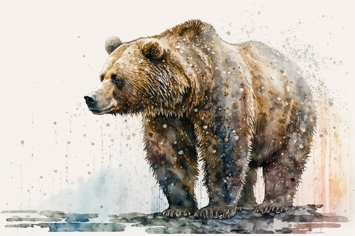 Grizzly Bear Standing In Water Colorful Wildlife Watercolor Poster