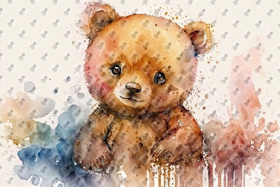Cute Baby Bear Cub Watercolor Splash Nursery Animal Wall Art