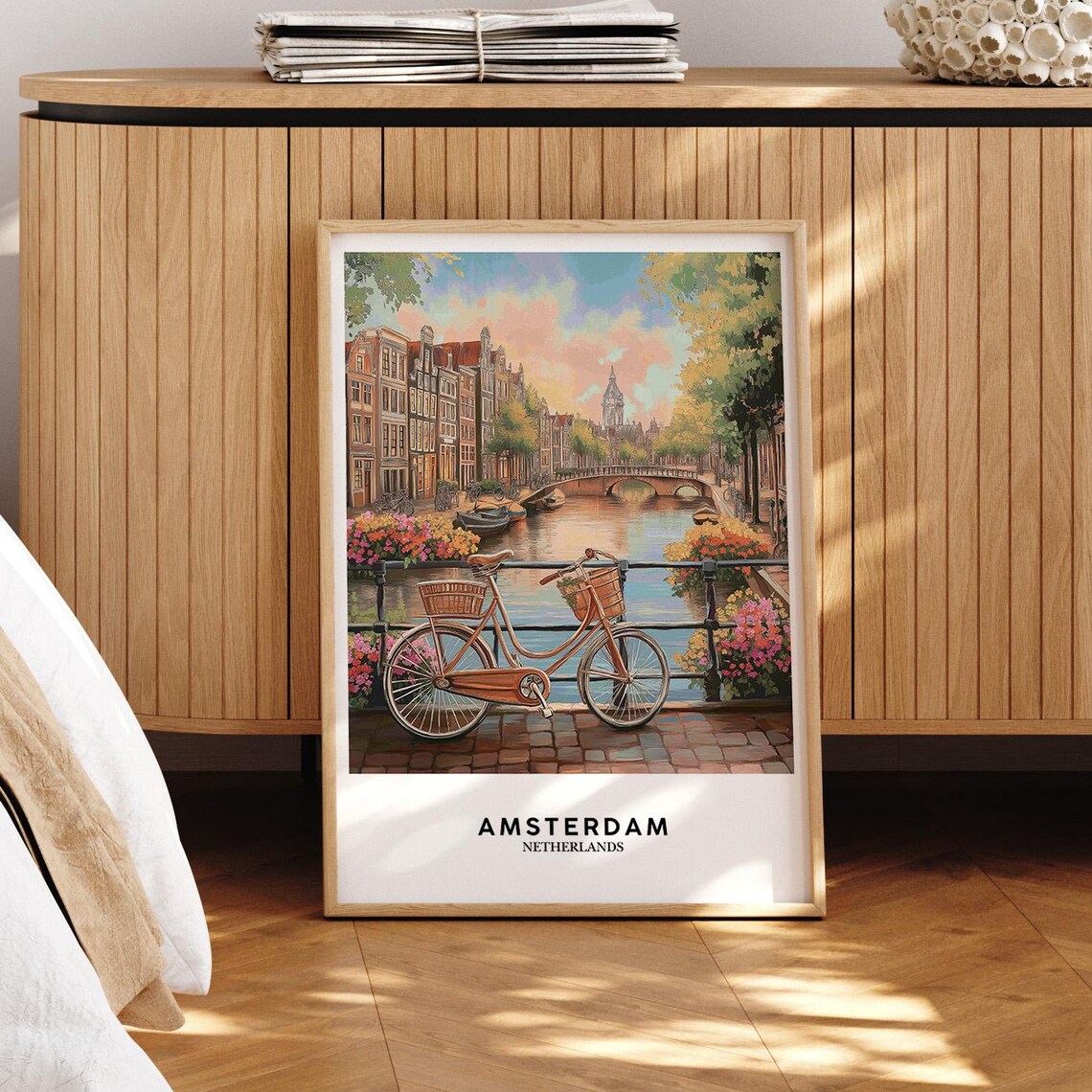 Amsterdam Canal Sunset Bicycle Bridge Flowers Scene Travel Poster
