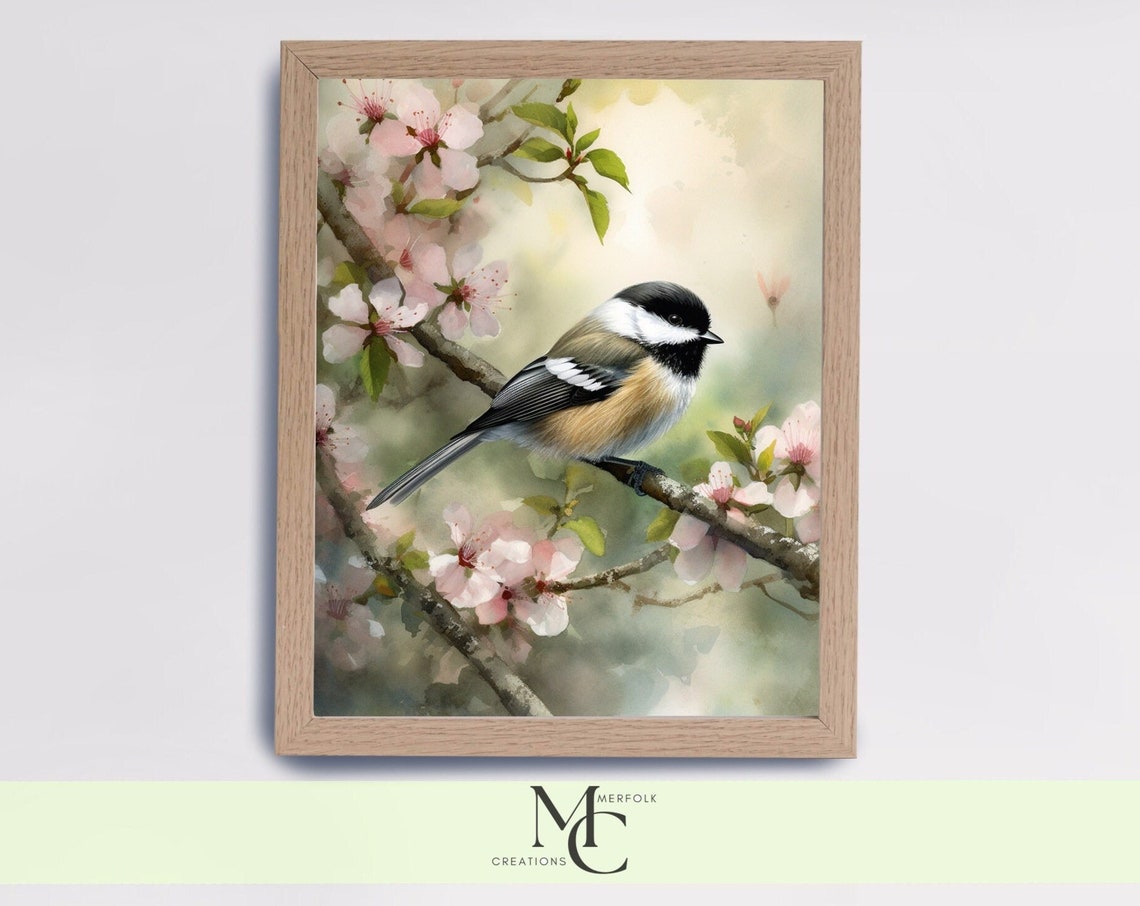 Chickadee Perched on a Pink Cherry Blossom Branch Watercolor Poster