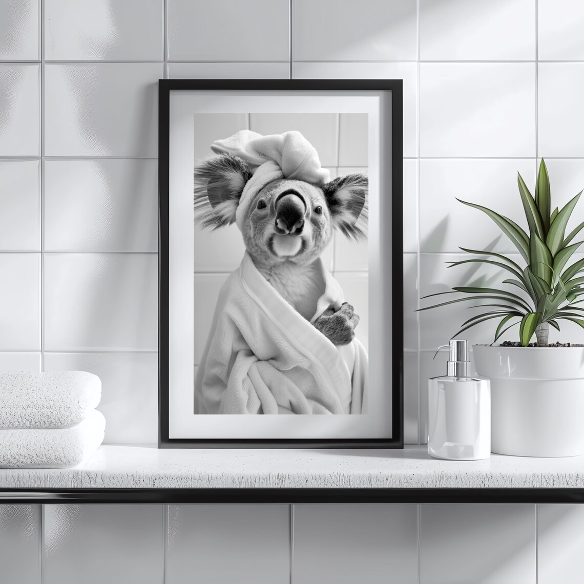Koala In Towel Turban Poster Funny Bathroom Black And White Animal Photo Decor - Image 3